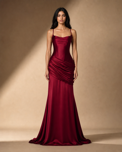 Robe Longue Satinée à Col Drapé