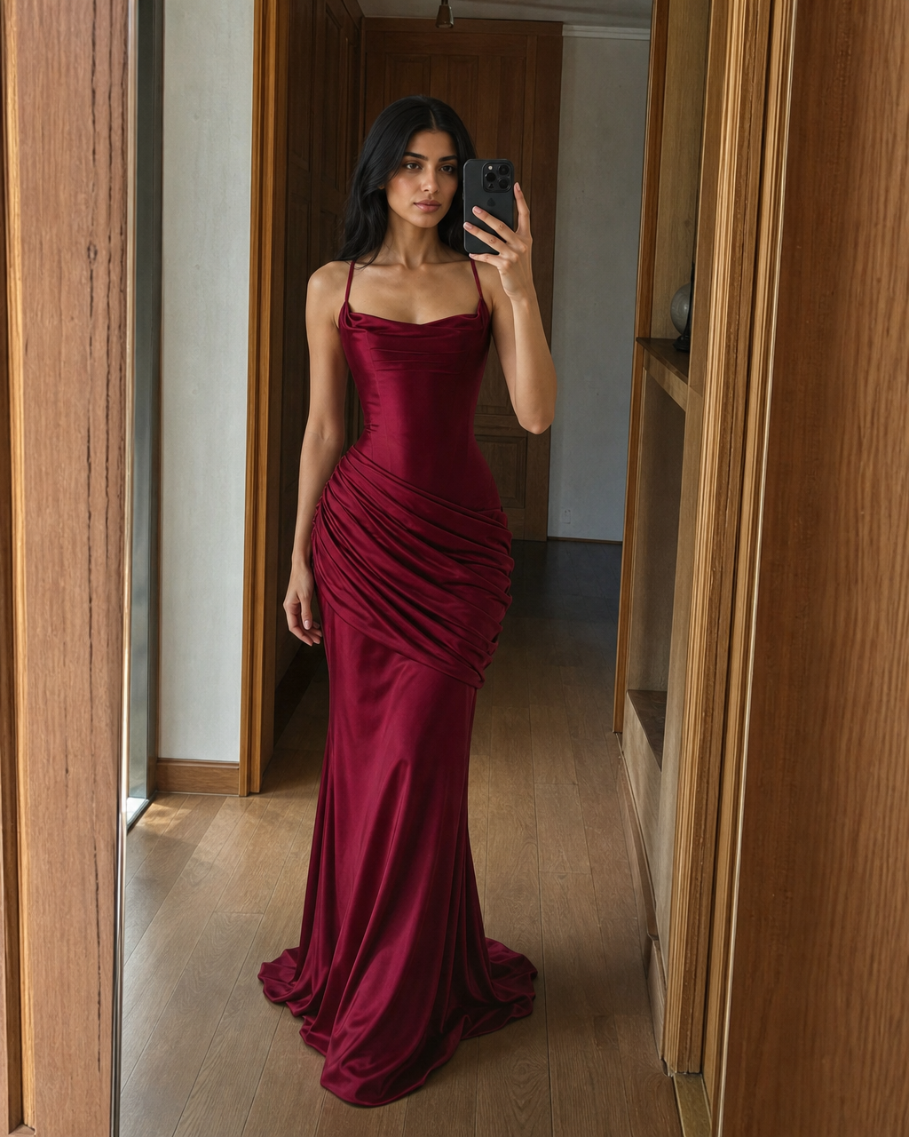 Robe Longue Satinée à Col Drapé