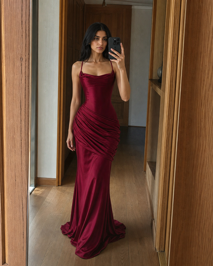 Robe Longue Satinée à Col Drapé