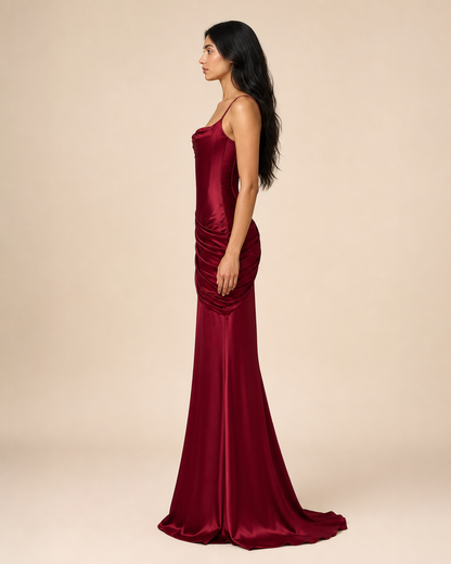 Robe Longue Satinée à Col Drapé