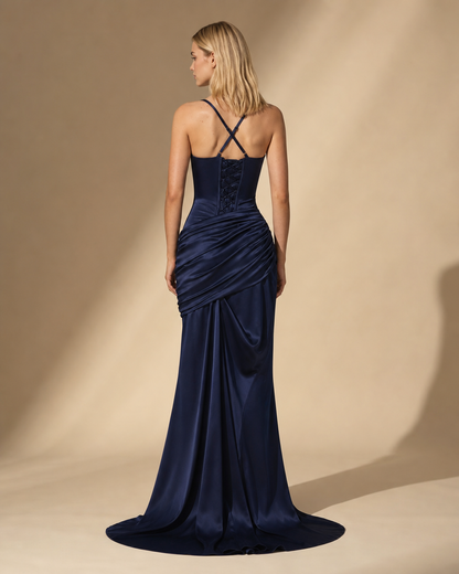 Robe Longue Satinée à Col Drapé