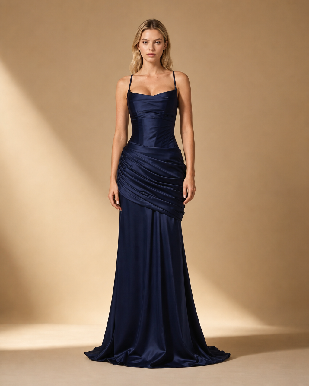 Robe Longue Satinée à Col Drapé